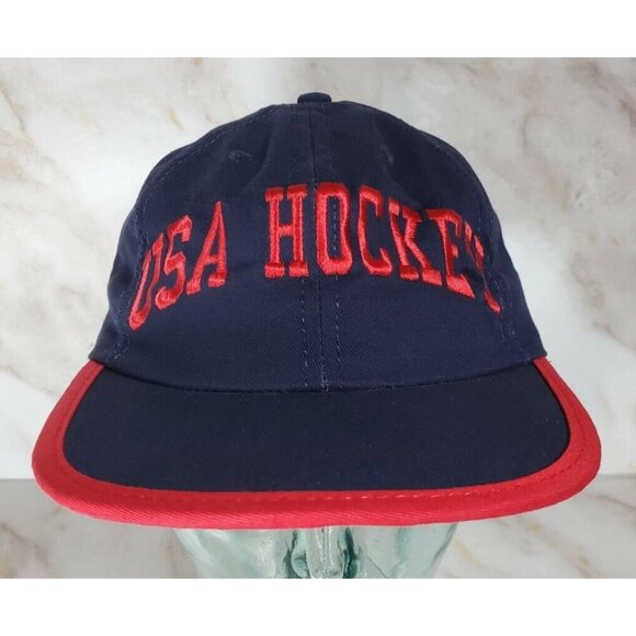 Vtg "USA Hockey" Adjustable P Brand Cap Hat Blue/Red Embroidered Spellout - Picture 1 of 8